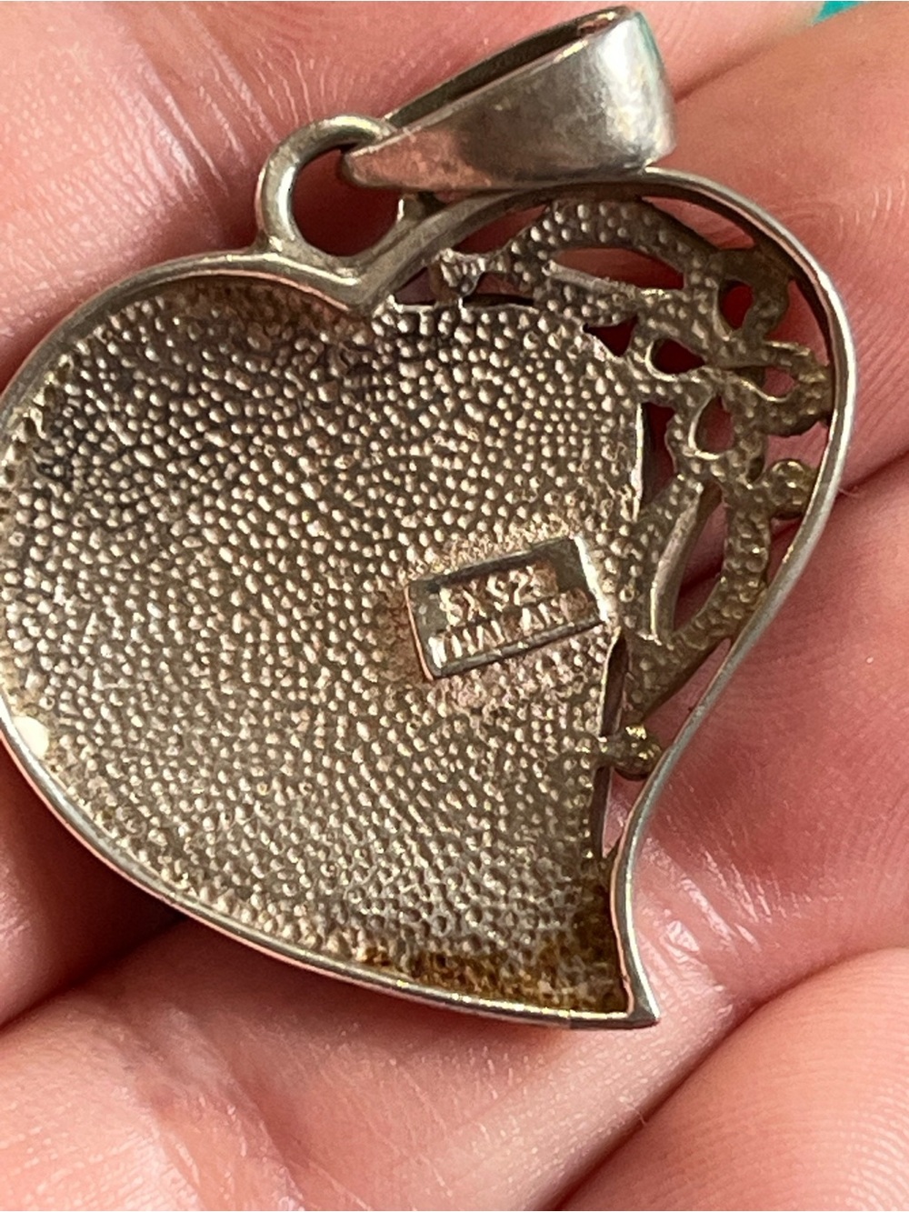 Vintage Sterling Silver 925 Filigree Abalone Mother of Pearl Inlay Heart Pendant - Picture 5 of 5